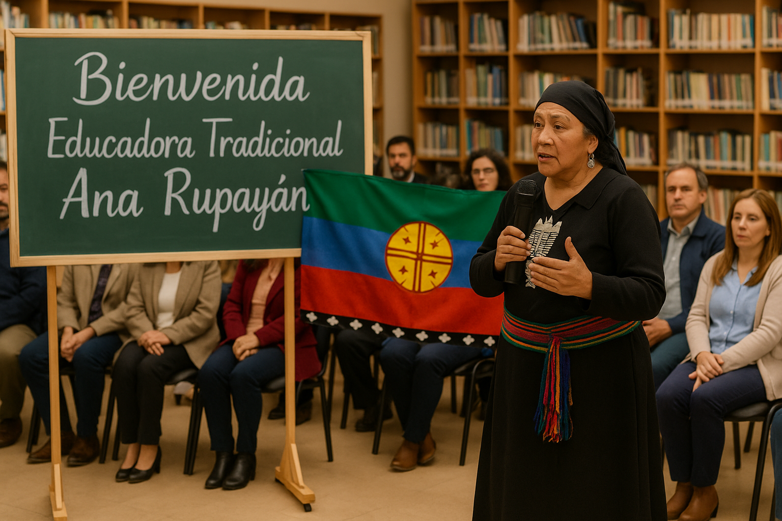La Educadora Tradicional Ana Rupayán comparte su conocimiento cultural con la comunidad educativa del Colegio Las Américas, promoviendo una educación intercultural.