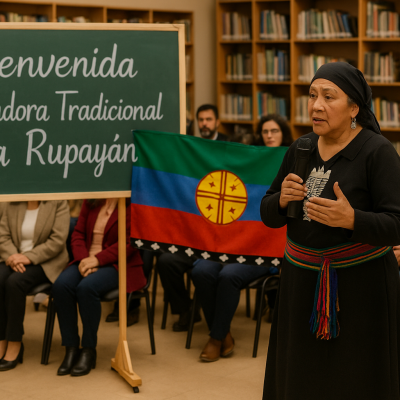 La Educadora Tradicional Ana Rupayán comparte su conocimiento cultural con la comunidad educativa del Colegio Las Américas, promoviendo una educación intercultural.