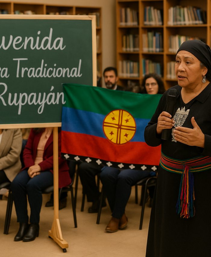 Presentación de la Educadora Tradicional Ana Rupayán en la biblioteca del Colegio Las Américas de Temuco, con la participación de docentes, apoderados y asistentes de la educación.