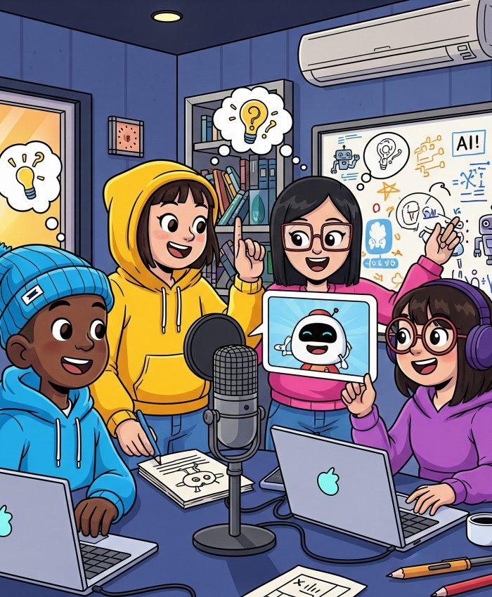 Estudiantes creando un podcast educativo con inteligencia artificial.