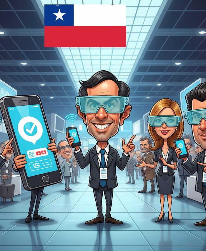 Imagen caricaturizada de personas en un evento tecnológico en Chile, alusiva a la conferencia TICSUR 2025.